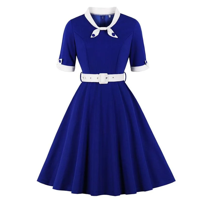 Autumn Retro Midi Dress, Vintage Dress, Bow Neck and Cuff Vintage Belted Dress Half Sleeve Fit and Flare Retro Swing Dresses