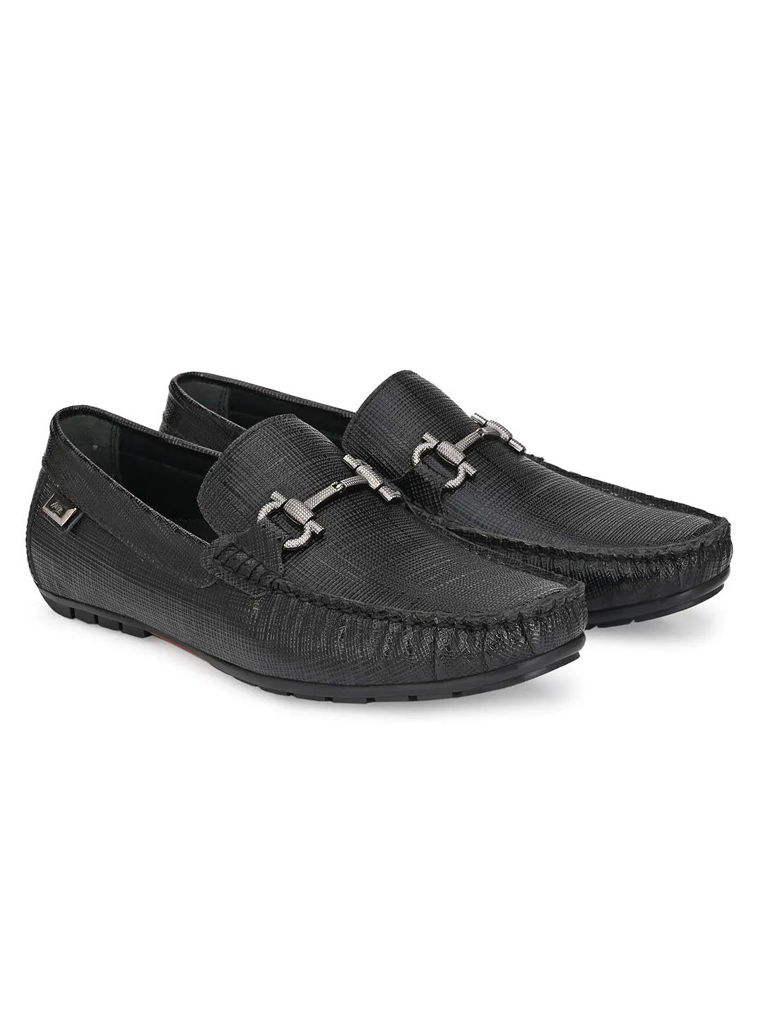 Hitz Men's Black Leather Slip-On Loafer Shoes